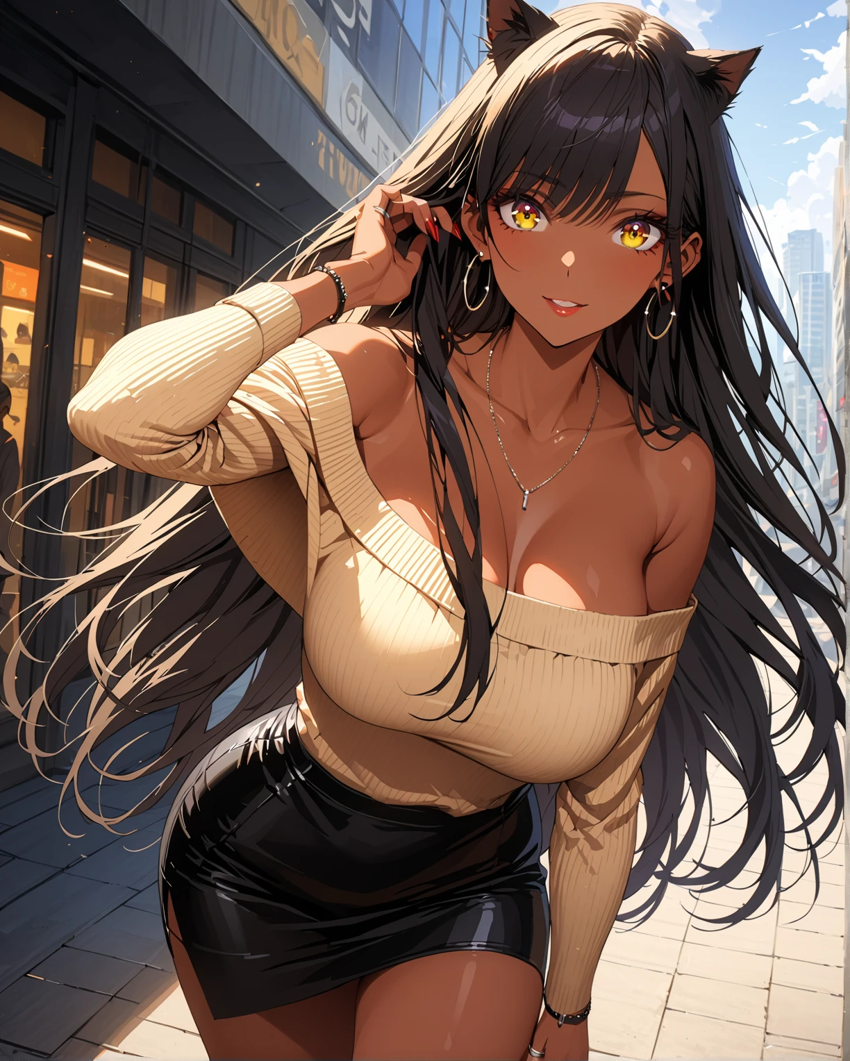 beautiful woman, black hair, orange eyes, freckles, large breasts, extreme cleavage, deep cleavage, thin body, extremely long hair, hair covering one eye, dark skin, off-shoulder sweater, tiny pleated miniskirt, high heels, seductive, happy, smiling, extreme blushing, shopping mall background, 4K, 8K, high resolution, best quality, crisp detail, high definition, ultra-detailed, masterpiece, perfect anatomy