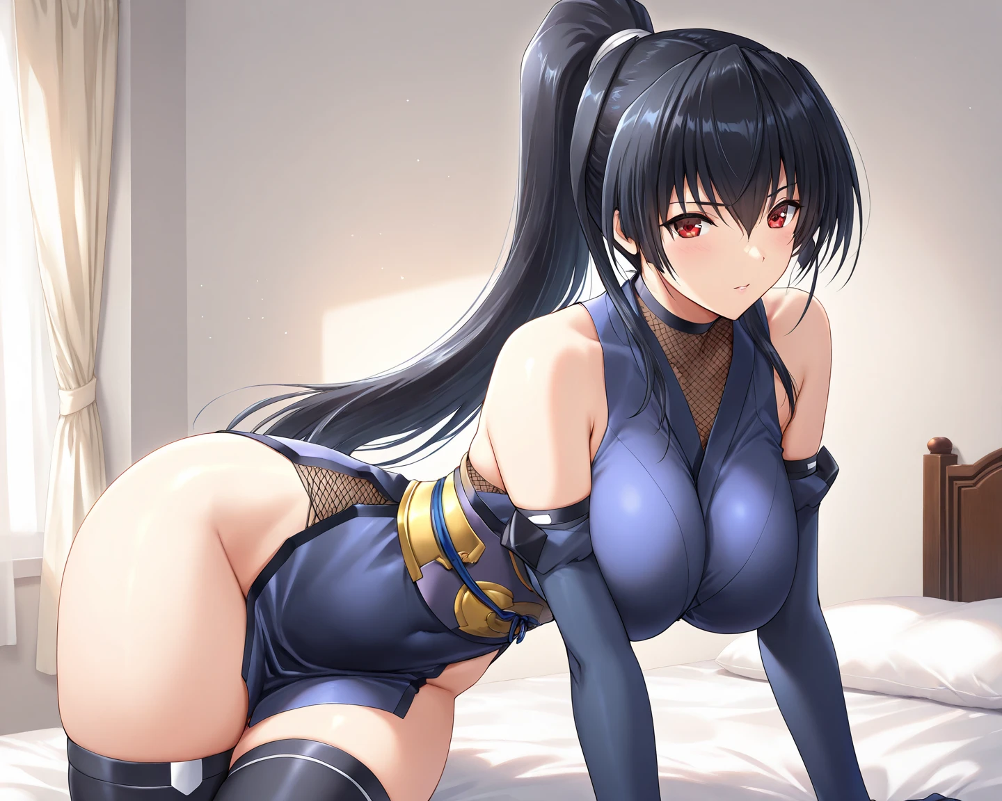 1girl, five fingers, nsfw, looking down at viewer, ponytail, best quality, thigh focus, kunoichi, over-kneehighs, large breasts, from below, black gloves, humid, steam, sweat, cameltoe, pubic hair, japanese style room, long hair, seductive grin smug, steaming body, Standing on one knee, half undress,