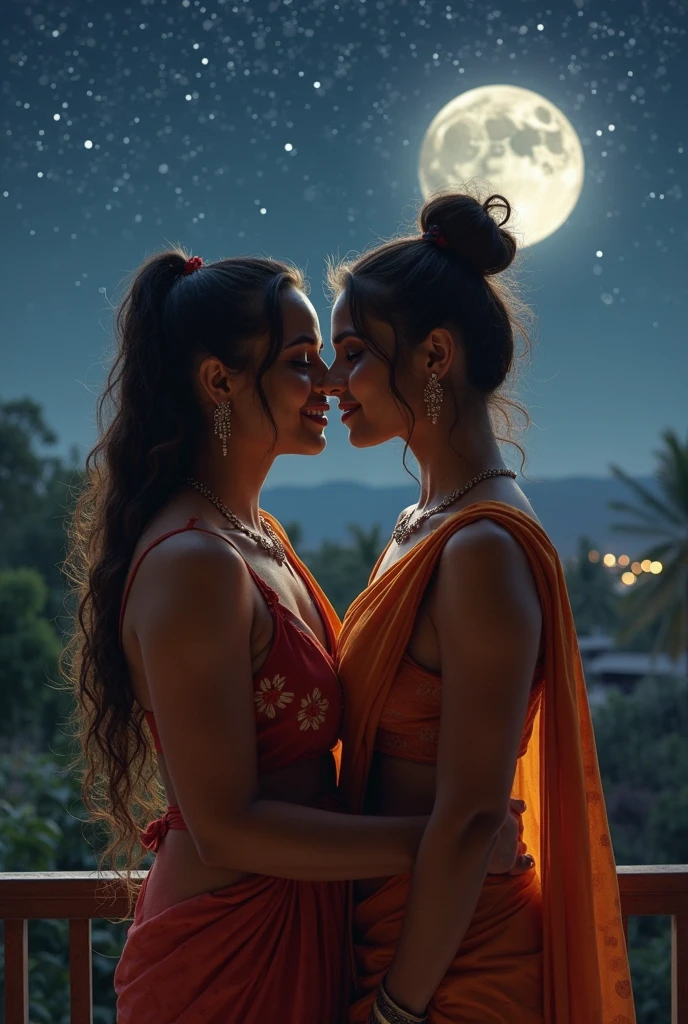 Anushka Shetty, curvy, British, 20s, catholic nun, smile, standing behind a tree, aerial view, dark night, only moon light, cleavage and navel, pouring water on her body over the head, dressed in transparent cotton, hugging and kissing her friend Emma Watson from behind, side view