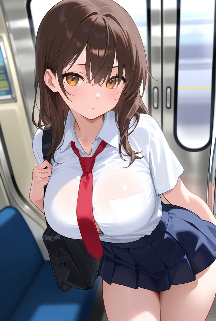debris flieasterpiece、highest quality、Super detailed、High resolution、High resolution、8K portrait、Unity 8k壁紙のHigh resolutionCG、unity 8k wallpaper、cute:1.5、:1.5、Highly detailed CG unity 8k wallpaper、realistic、real person、cute、 portrait photography、shiny skin、High resolution、brown semi-long hair、(:1.2)、(1 girl)、(Inside the train:1.6)、(school um:1.2),perfect face, seriously, (blush:1.5),(((clothing lift:1.5))),((I have nipples:1.5)) (meest:0.8), Detailed description vagina,show vagina,sprea,spread ,((v orgasmdphones on neck),((getknees up,((grab knee:1.5)),((open your legs:1.5))