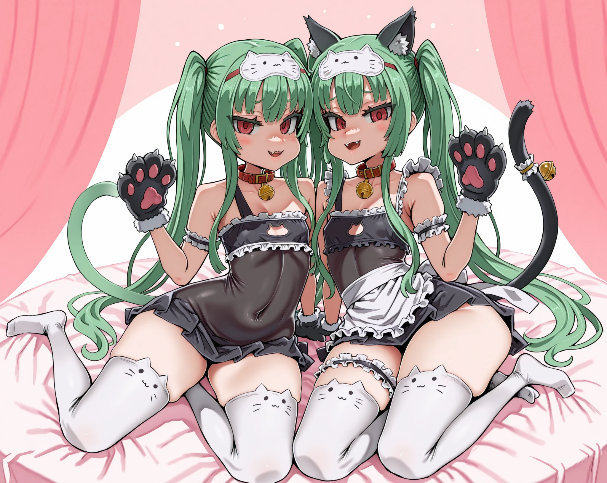 e girl with green hair and a cat ears sitting on a bed, wlop and sakimichan, jazza and rossdraws, rossdraws and jazza, top rated on pixiv, girls, at pixiv, by Shitao, pixiv 3dcg, loish and wlop, digital art on pixiv, red and cyan