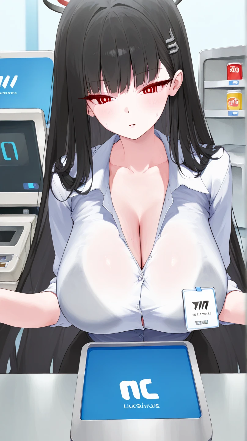 side angle、A close-up of your face、Cleavage、Realistic, real person, (pale skin: 1.2), RAW photo, photorealistic, shiny skin, shiny hair、(A 25-year-old woman with medium-length hair and bangs) and (wavy hair) and (brown hair) and (orange eyes) , (T-Shirts:1.2) and (white) 、smile, The background is the interior of an electronics store.、Alone、Are standing