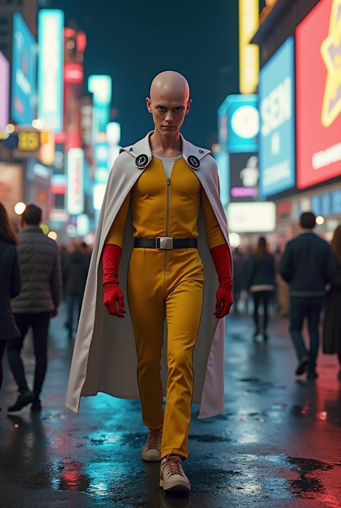 ((No hair, Shaved head, Buzz cut hair)), ((background:Boulevards in the city:1.4)), ((Looking at a camera in a parallel position:Looking at the front:Watch the audience:1.5, Light from the front, Full Body Shot:1.2)), (masterpiece、Highest quality、Official Art), ((((Yellow Jacket, Black shorts, Black Gloves, Long boots in black color, White knee-high socks)))), ((topless, Underless, Bare, Exposed female genitalia, Voluptuous bust, Big Breasts, Narrow waist, A broken back, Rounded ass, Complete the whole body, Full body image, Mid-chestBREAK, Perfect proportions, sexy, Alluring, Large Breasts, Teardrop-shaped breasts, Navel exposed, 体の真ん中のExpose the skin, Exposed, Expose the skin, Narrow waistと太いヒップ, Beautiful shaped hips, Belly button pussy, Lower abdomen exposed, Completely nakedの女性だけの仕上がり, Completely naked, I don't wear underwear, Do not wear clothes)), ((Glowing Skin, Realistic:1.9, Very detailed, 究極的にRealistic details, 究極的にRealistic texture, Ultimate in exquisite detail, Professional photos, 女の子のsexyなポートレート, Highest quality))