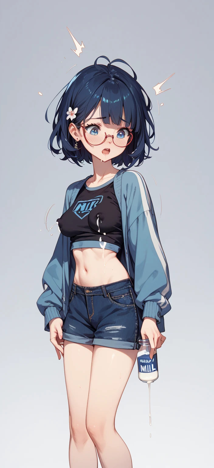 (masterpiece), (best quality), ((ultra-detailed)), (high resolution), (an extremely delicate and beautiful, super fine illustration), official art, BREAK (1girl), (loli:1.8), (tiny girl:1.6), (8yo) (flat chest:1.4), Plump, (Thick thighs:1.8), (big ass:1.5), erect nipples, Huge areola, large nipples, (long nipples:1.4), erect nipples, oily skin, BREAK droopy eyes, (emerald blue eyes:1.3), (bad mood:1.5), (clear face:1.5), (half closed eyes:2.1), BREAK (bob cut:1.3), tired hair, messy hair, blue colored inner hair, Black hair color, (girl wearing round black glasses), BREAK (cropped white tank top:1.7), (cropped black jacket:1.6), (micro shorts:1.5), (pink sneakers), (front view:1.5), full body,