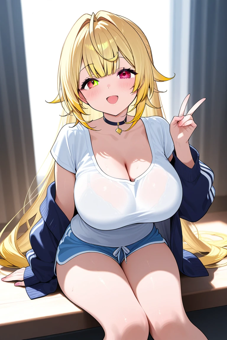 Very detailed、Highest quality、Best image quality、masterpiece、8k、(shoulder-length blonde hair:1.5、Medium Long Hair)、(smile、Open Mouth) 、(Hilarious)、(Big eyes)、(Beautiful and shining eyes)、(Detailed anime eyes)、(Puffy eyes)、(Big Breasts:1.5、topless:1.5、only breasts are in full view :1.5、bare breasts:1.5 、bare nipples:1.5、 thick nipples、erection of nipple、pepperoni nipple、necklace)、((SFW Huge Body))、(highleg panties)