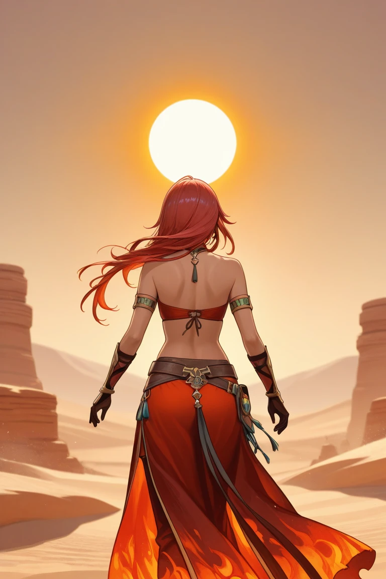 (one girl, Arabian, shoulder long red hair, sexy:1.1, detailed eyes, detailed lips, detailed face),artistic masterpiece:1.2, oil painting,historic setting,flowing silk dress, Arabian desert background, fierce expression, graceful posture, intense sunlight, dramatic lighting, vibrant colors, intricate jewelry, fighting techniques, flying sand particles, elegant movements, mysterious aura, intense parallelism between the girl and the desert, mystical vibe.