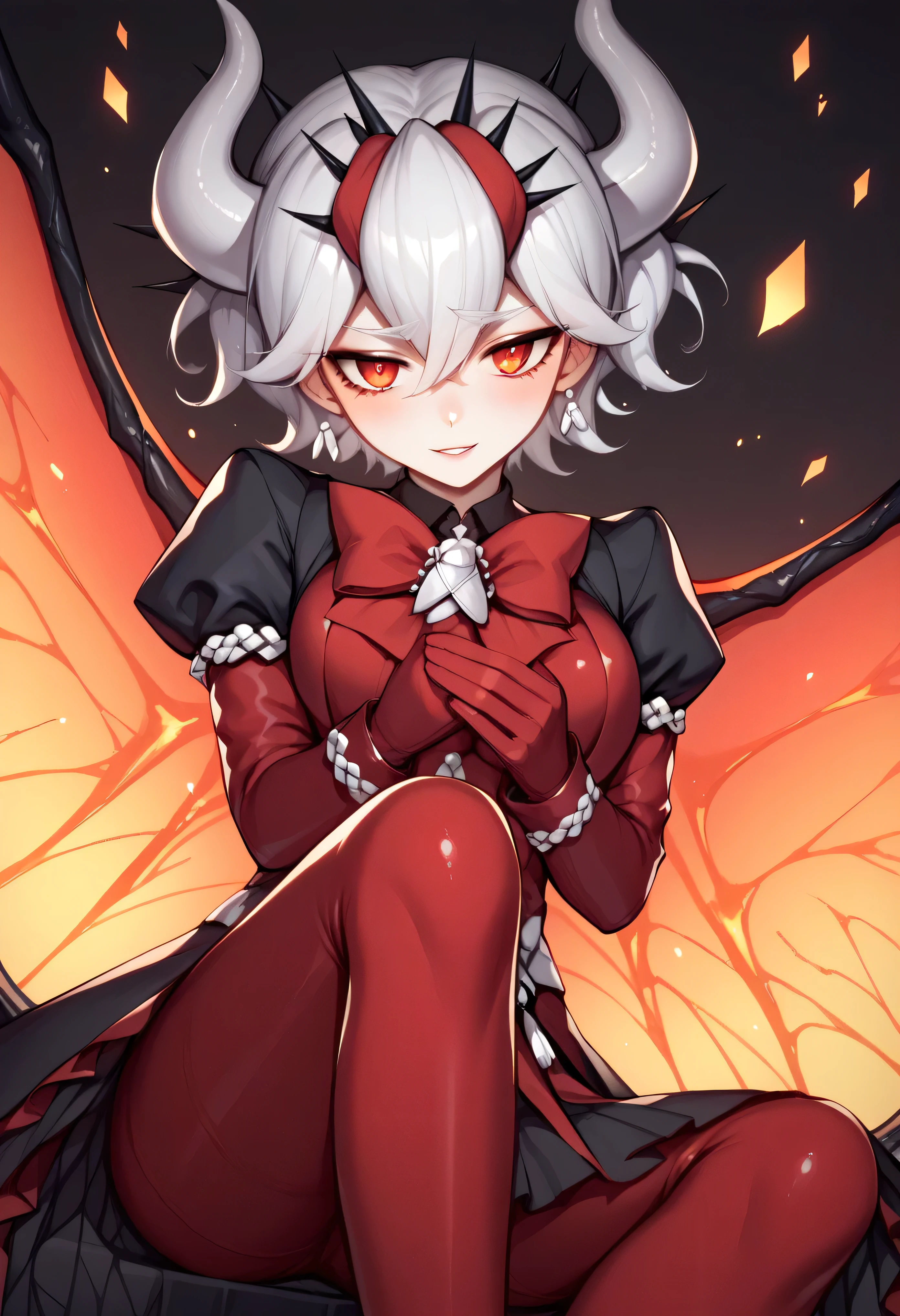 3/4 body medium close-up of Beelzebub seated on a broken obsidian throne in the demon council chamber, legs crossed, leaning her chin on her hand with a coy smirk, her gothic dress flowing down the side of the seat, spiderweb wings fanned behind her, deep lava red lighting illuminating her curves, sultry and commanding expression, semi-realistic painterly detail