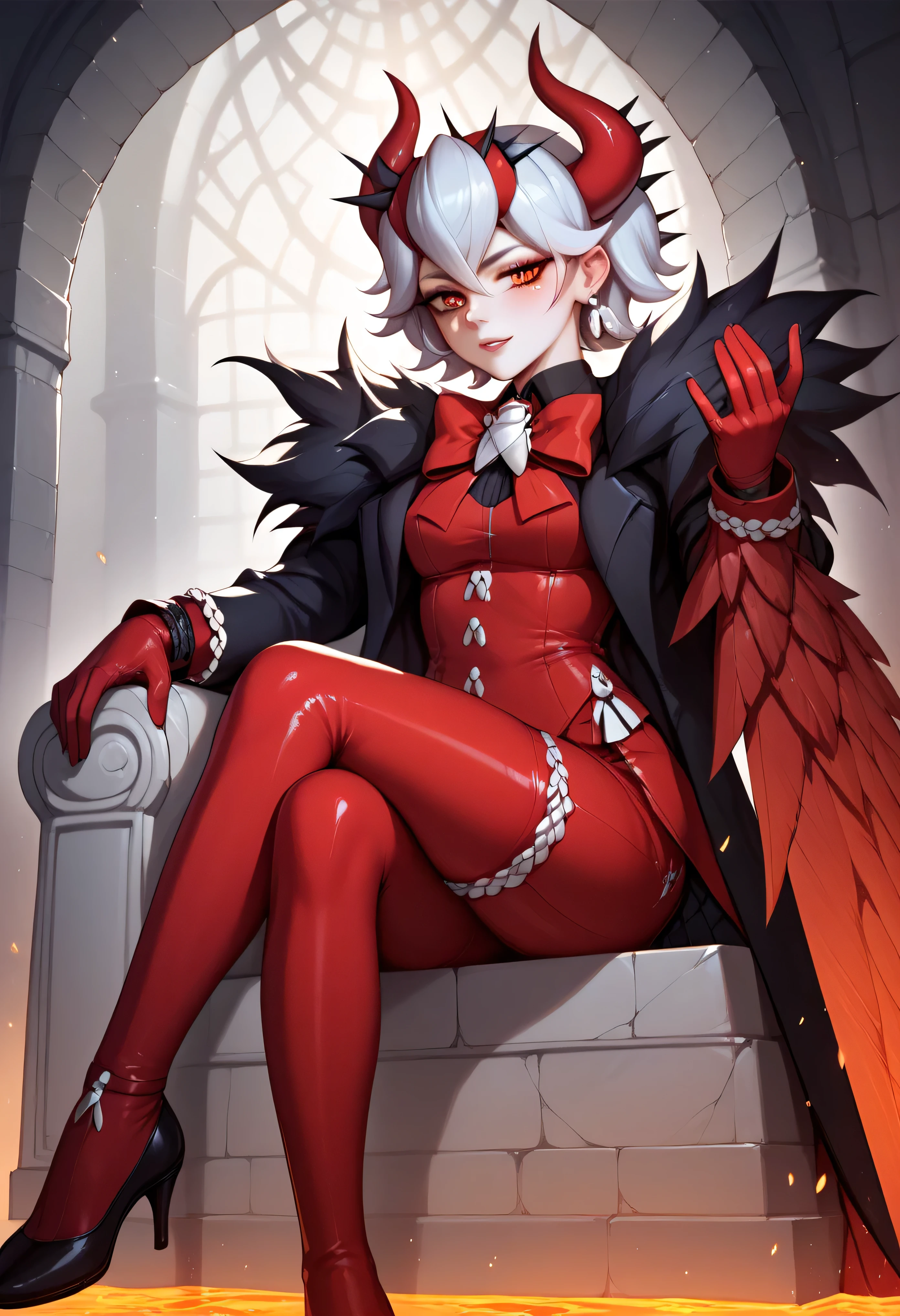 3/4 body medium close-up of Beelzebub seated on a broken obsidian throne in the demon council chamber, legs crossed, leaning her chin on her hand with a coy smirk, her gothic dress flowing down the side of the seat, spiderweb wings fanned behind her, deep lava red lighting illuminating her curves, sultry and commanding expression, semi-realistic painterly detail