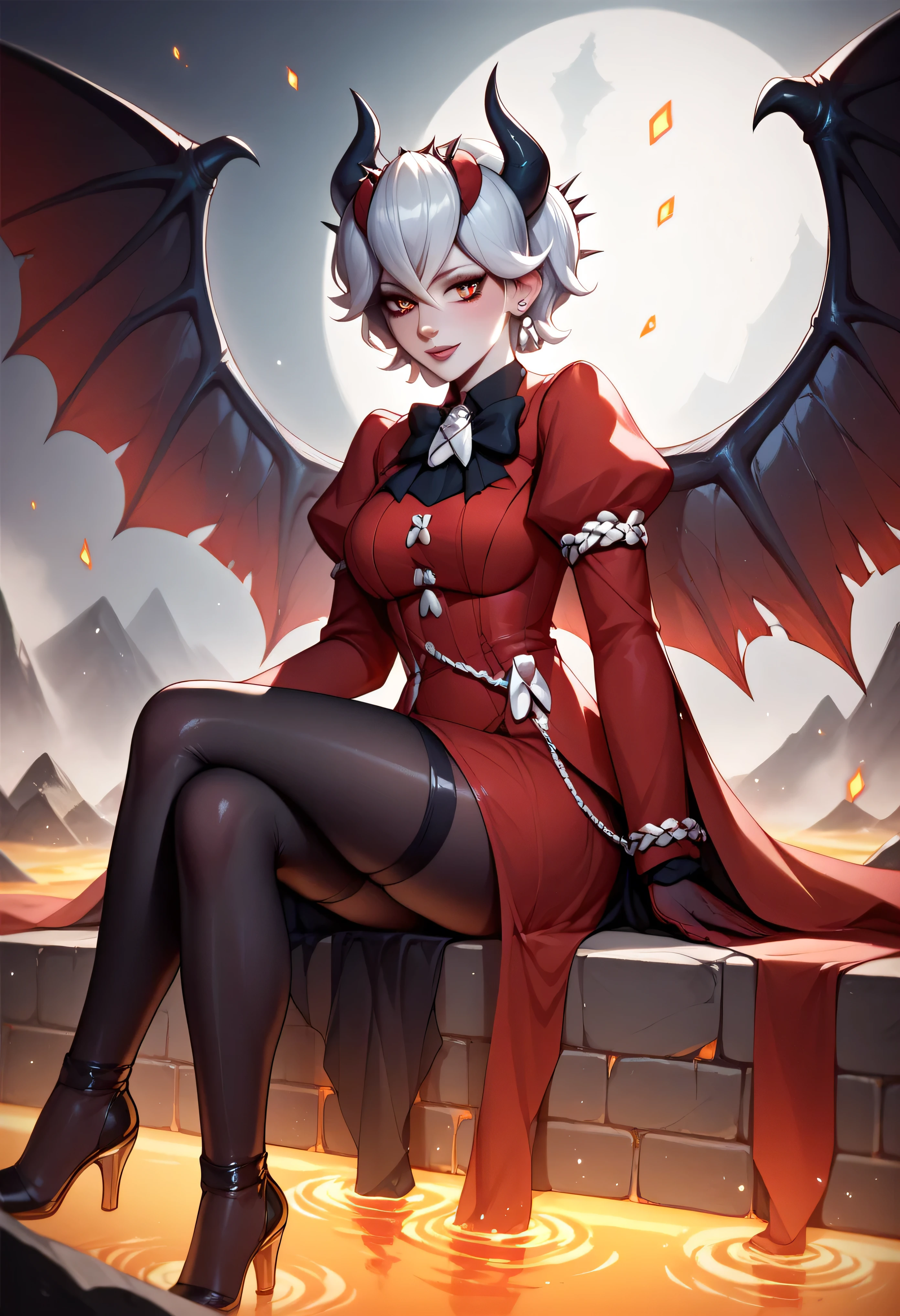3/4 body medium close-up of Beelzebub seated on a broken obsidian throne in the demon council chamber, legs crossed, leaning her chin on her hand with a coy smirk, her gothic dress flowing down the side of the seat, spiderweb wings fanned behind her, deep lava red lighting illuminating her curves, sultry and commanding expression, semi-realistic painterly detail