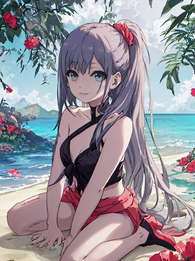 yuanshen,1girl,solo,smile,looking at viewer,purple eyes,long hair,twintails,hair rings,bangs,ribbon,blunt bangs,very long hair,<lora:add_detail:0.5>,<lora:epiNoiseoffset_v2:0.5>,<lora:EnvyBetterHands LoCon_beta2:1>,perfect hands,<lora:凤鸣1:1:lbw=1,1,1,1,1,0,0,0,0.8,1,1,0.2,0,0,0,0,0>,ocean,beach,day,sunbath,sitting,(highres, high quality:1.1),intricate details,cinematic lighting,digital art,mature female,looking at viewer,eyeshadow,lipstick,makeup,detailed face,large breasts,thighs,(red bikini:1.5),light_rays,available light,frontlight,