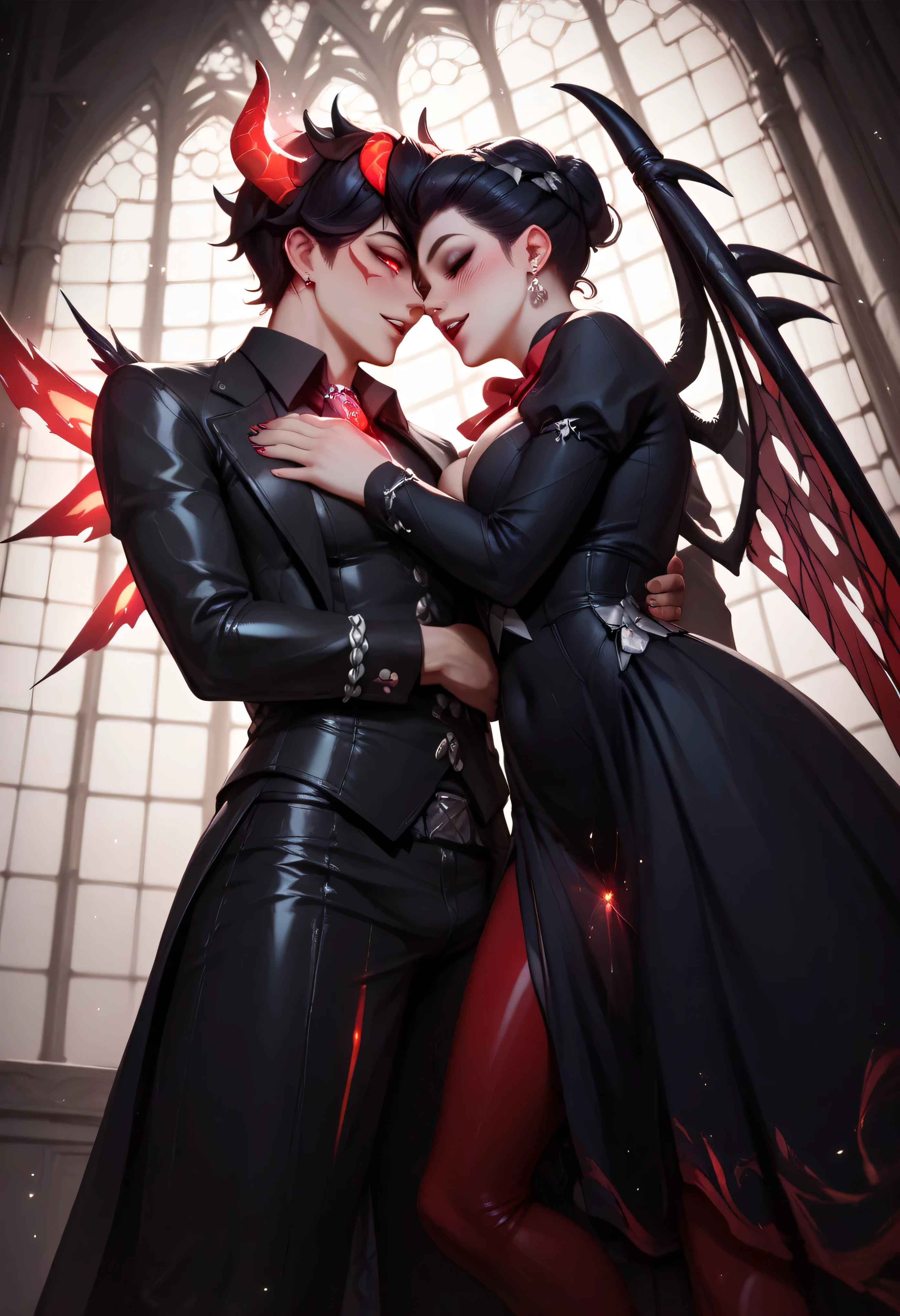 3/4 body medium close-up of Beelzebub in a dark mechanical soul furnace room, standing close with her body tilted sensually, hands behind her back, black gothic dress hugging her curves, lit dramatically from below with glowing red light, her expression teasing yet cryptic, eyes glimmering in the dark, spider wings glowing faintly red