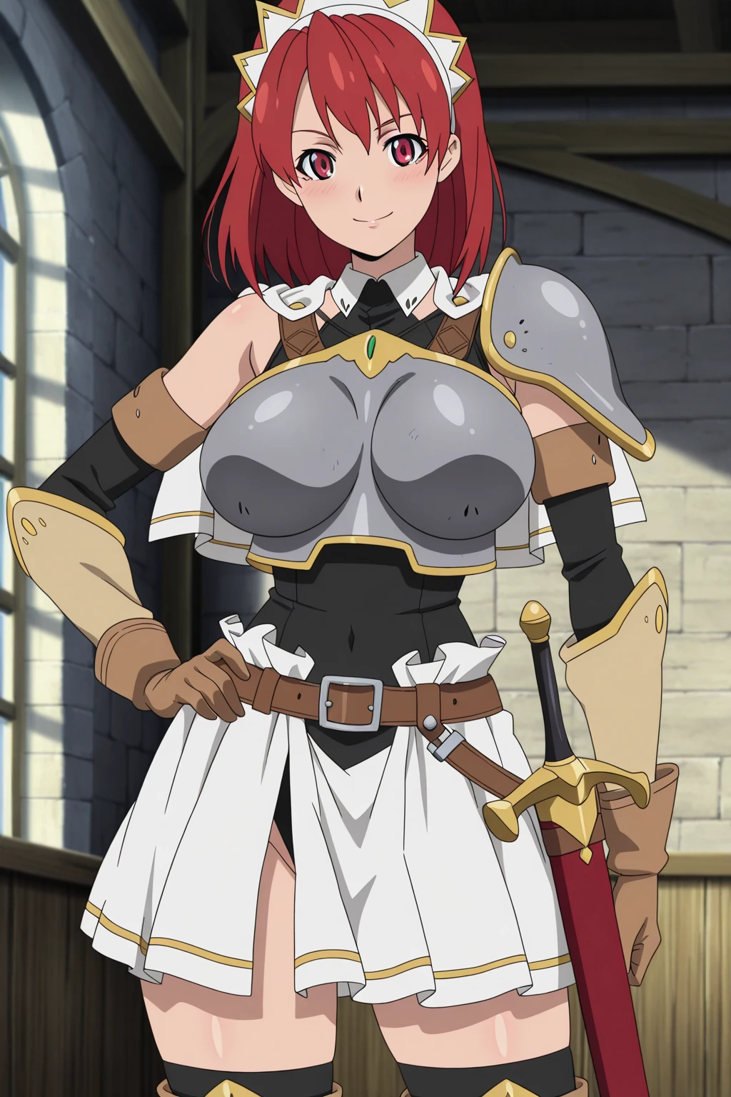 {{masterpiece}}, {{best quality}}, {an extremely delicate and beautiful}, mature female, beautiful detailed eyes, delicate face, 1girl, claudialevantinekuroinu, large breasts, knight armor, bursting breasts, {{{giant breasts}}}, large sword, sexy, metal bikini, milf, mature, serious