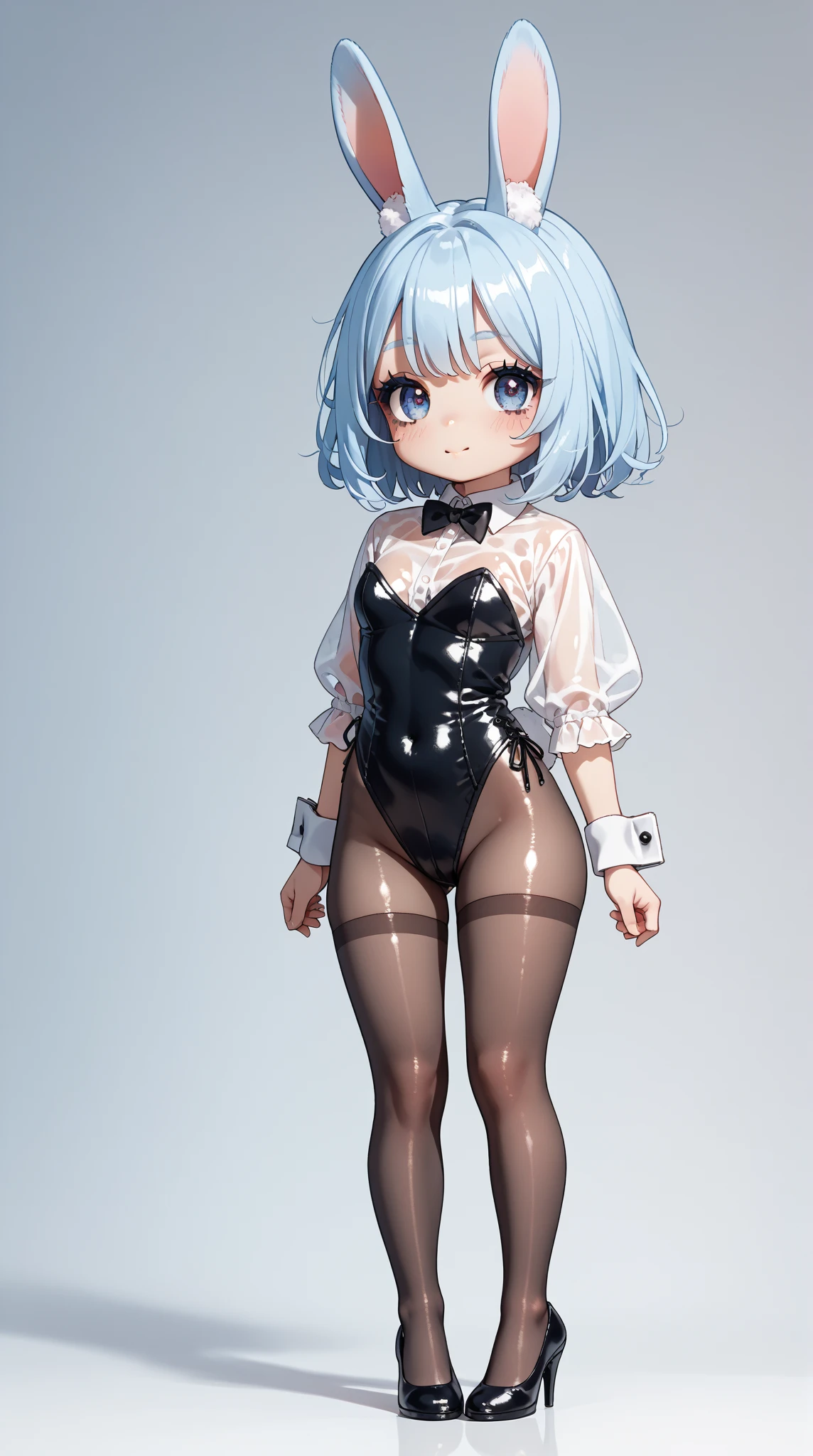 A 10 year old girl, high cut leotard, standing, full body, front pose, bob cut hair, platform heels, stockings, 
