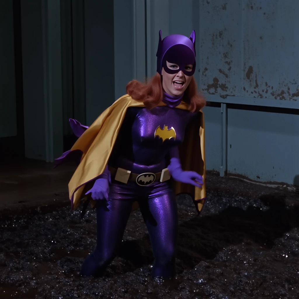 yvonne craig woman,  she is trapped inside a big glass tube, attacked by blue lightnings wich shocks yvonne body causing sparks on her puprple outfit. she is standing in pain with her shoulders shrugged, screaming with her eyes wide open looking to camera, she is in pain, we see her injures, 60's style, analog film,, on a lab, medium shot