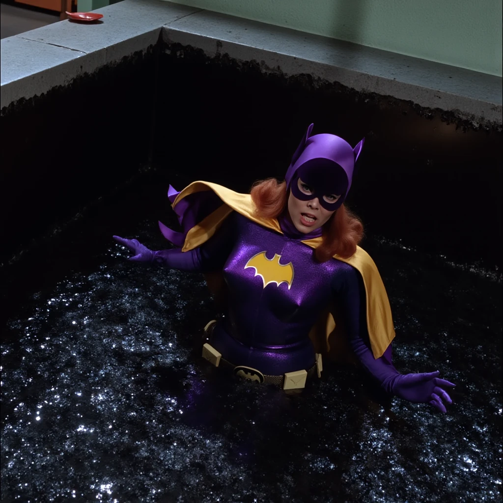 yvonne craig woman, sinking in a pool with water with electricity inside a lab. She screams with her eyes wide open, she looks for help, extent her arm trying to grab something to escape, she moves desperate, but half of her body is already cover by water she is in pain, lightinings and sparks everywhere. she screams as hard as she can , 60's style, analog film, film grain, on a lab