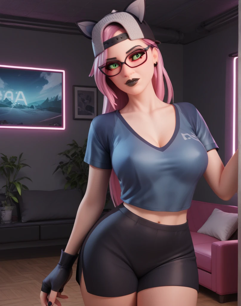 professional photo of turanga leela, 1girl, solo, breasts, purple hair, ponytail, large breasts, long hair, pants, tank top, makeup, cleavage, lipstick, toned, ((cyclops)), black pants, lips, white tank top, bare shoulders, (one-eyed:1.4), (one eye:1.4),
detailed skin,
high quality, volumetric light, highrez, masterpiece, best quality, complex detailed background,
<lora:turanga_leela:0.8:MIDD>