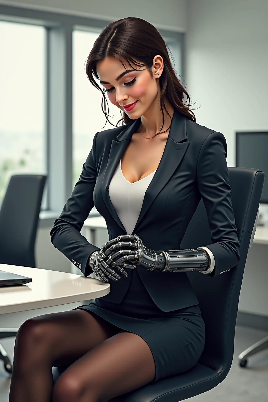 a very beautiful young girl robot in a short dress is repairing а laptop, a lot of hardware around, screens, wires, 8k, ultra real