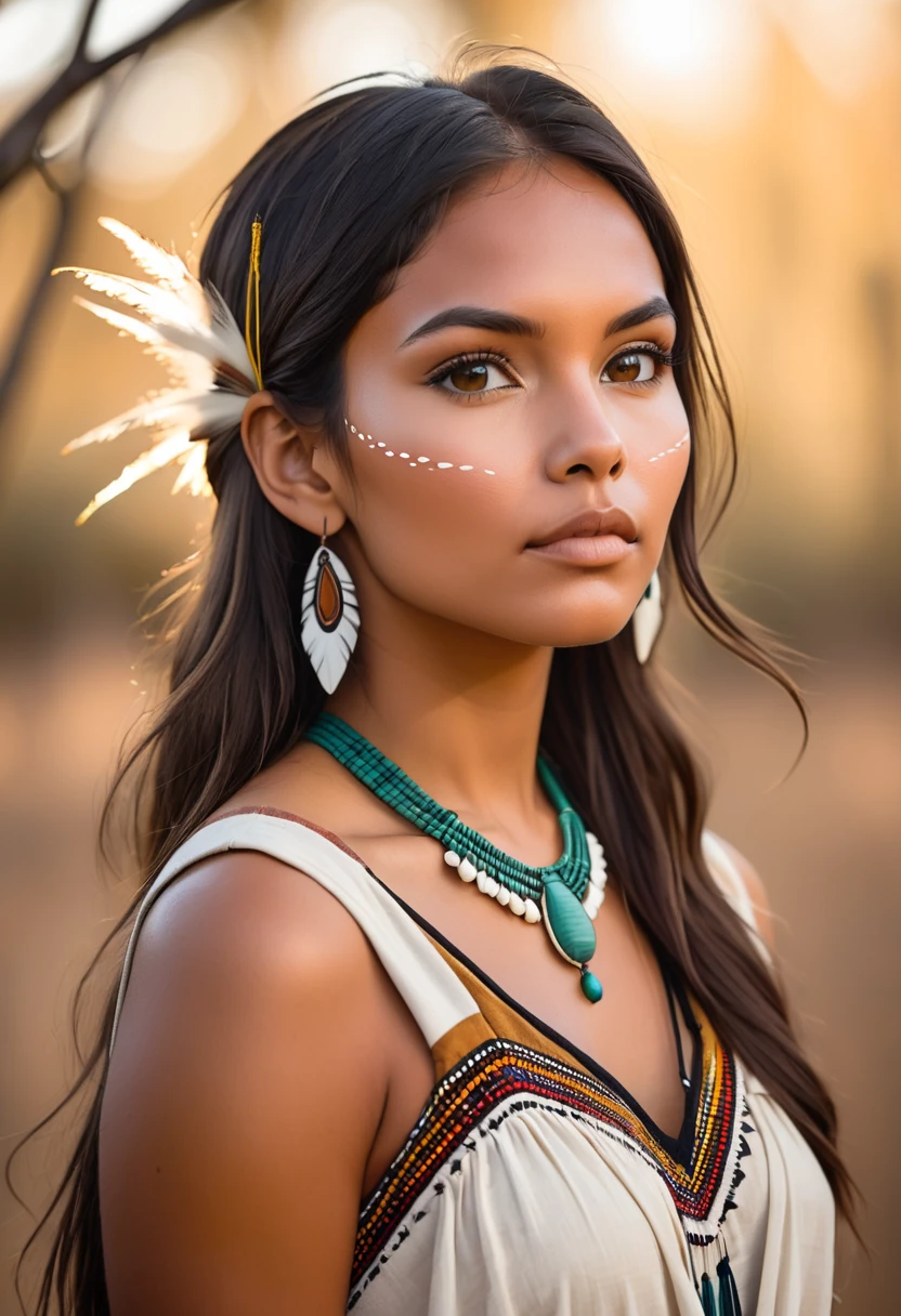 ((masterpiece)), ((best quality)), ((highres)), extremely detailed)), a beautiful 40-year-old Native American woman (Grace Kelly:Milla Jovovich:0.5), Pocahontas, full body shot, medium breasts, (super realistic), (peerless beauty), detailed skin texture, detailed cloth texture, beautiful detailed face, intricate details, ultra detailed, indigenous feather jewelry, feather headdress, traditional handmade green bra and dress, armed female hunter warrior, (((wild west))) environment, smile, in the village, ((surrounded by people)), ((dance pose)) back to the camera, ultra realistic, concept art, elegant, ((intricate)), ((highly detailed)), depth of field, ((professionally color graded)), soft ambient lighting, dusk, (Best quality, A high resolution, Photorealistic, primitive, 8K,Masterpiece), filmgrain, bokeh:1.2, Lens flare, (vivd colour:1.2)