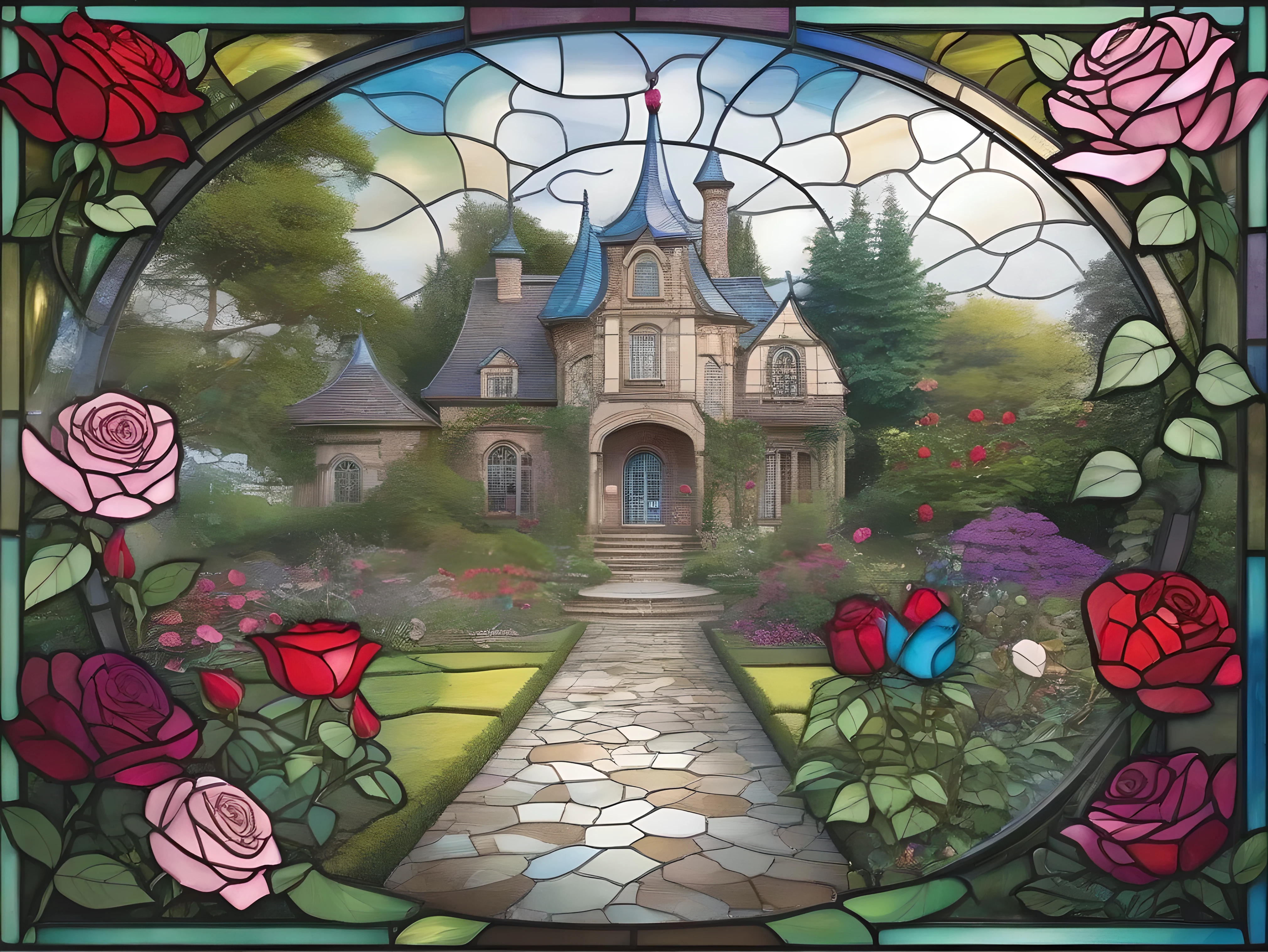 garden、Rose、Wonderland、 tea party、jigsaw puzzle design、stained glass style、glass style