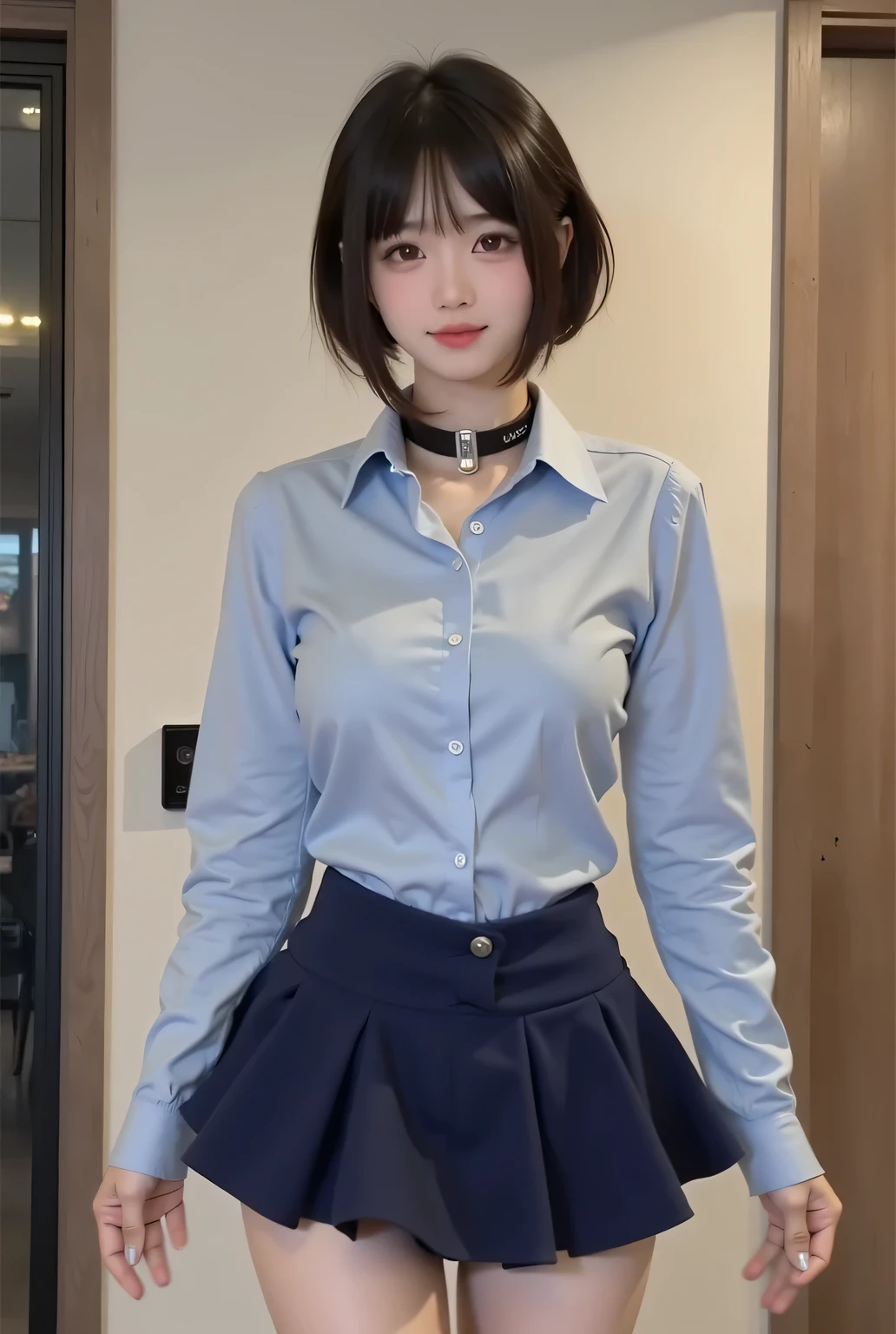 (very detailed CG Unity 8K wallpaper,masterpiece),(best lighting from above, Best Shadow, VERY DELICATE AND BEAUTIFUL),sf,( 1 girl taking a break ),blue eyes, (( bangs、short hair)), light blue shirt, フレアSkirt、Long leg、Standing picture, short hair, Wooden wall, (High Performance Female Android:2、 High Performance Female Cyborg :2)、Obedience、Obedience、subordinate, High Performance Humanoid:1.lim body、Big breasts、Skirt:2、black choker