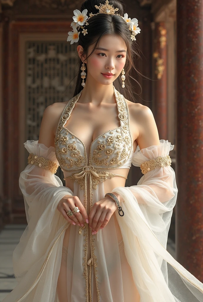 (best quality, masterpiece:1.2), tianfeng1, Extremely detailed, (Practical:1.37), beautiful, youth, Charming female model, sweet smile, Sweetheart girl, Warm colors, ((Full body view,Skin is firm and smooth)), ((Random scenes,Random shooting angles)), ((Elegant and natural gesture)), (big eyes, Exquisite eyes, Delicate lips, Exquisite eyes), Available in white and floral pattern, Show a bright smile, fit, Full breasts, ((Large Breasts)), Long legs, Create a stunning photo of a girl