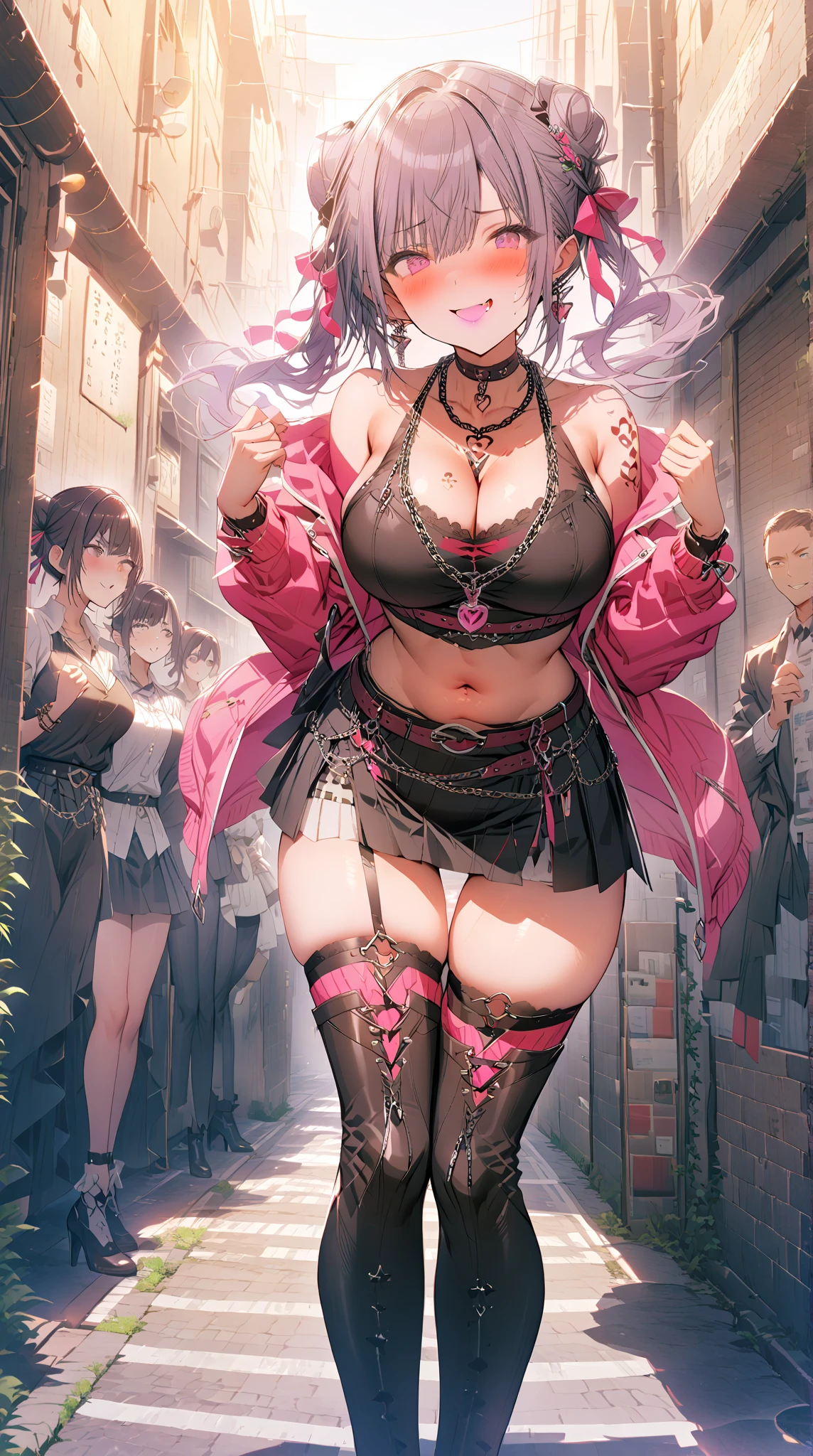 Dynamic poses, (earrings),masterpiece, (outdoors:1.5), natural lightning, raw color, 8k, illustrator, masterpiece, high quality, 8k, high resolution, high detailed, midriff, high quality, (very detailed cg unity 8k wallpaper),best qualtiy, ultra - detailed,masterpiece,), (panties:1.2), (pantyhose:1.5), (big breast), (detail face), (crowds:1.5), (bracelet), (from front:1.4), (smile), redlip, (full body), (sexy bra:1.5), (cleavage), (wide hips), raiden shogun, purple hair