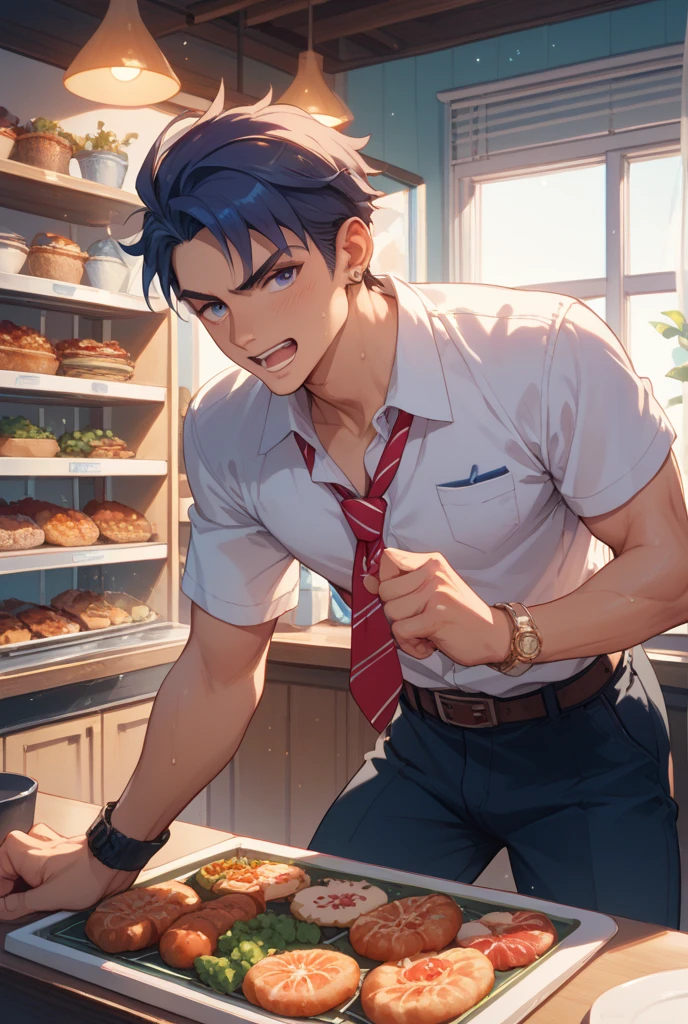 (high-quality image), a dashing young adult waiter with (medium-length brown hair), (green eyes), wearing a (crisp white shirt), (blue pants), and a (waist apron) that perfectly accents his (short-sleeved) style. The icing on the cake is the charming little (((keyhole cutout shirt))) adding just the right touch of whimsy to the ensemble.