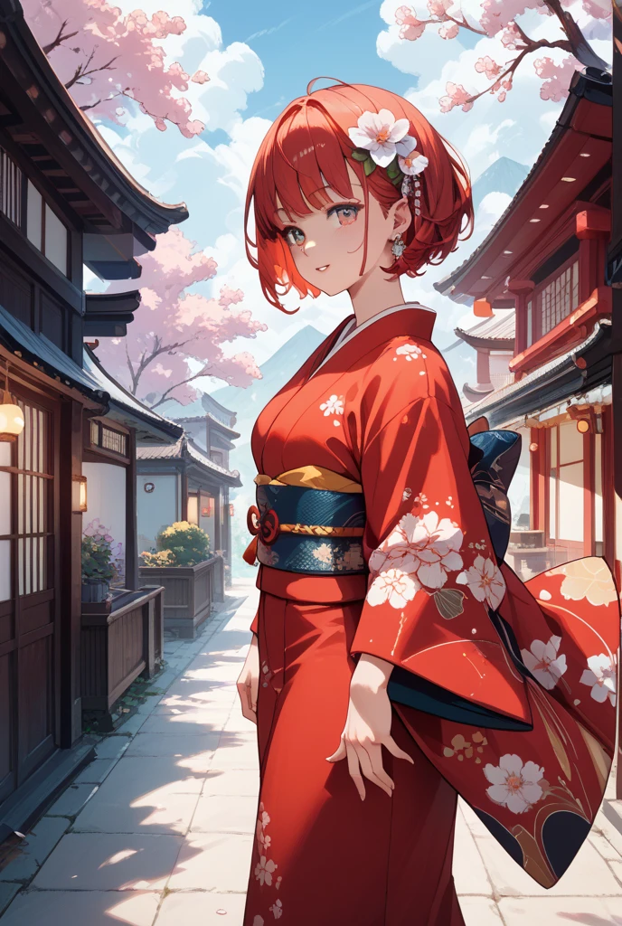1girl, solo, adult mature woman, age 30, high quality, best quality, highres, high detail, standing, pikkyroxanne, looking at viewer, orange hair, blonde hair, hair between eyes, bangs, brown eyes, breasts, animal ears, collar, black hairband, hairband, tail, dog tail, dog ears, cleavage, floppy ears, black collar, dog girl, Japanese kimono, traditional design, submissive pose, serene garden setting, cherry blossoms, sunset hues, vibrant, detailed, 8k resolution, sneeze, standing, full body
