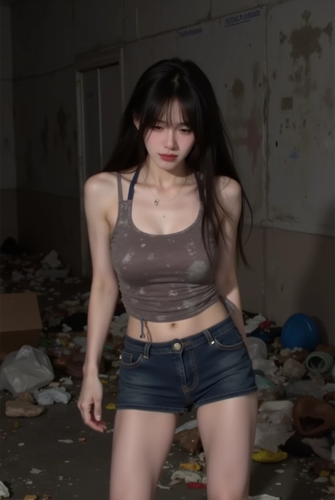 (8k, RAW photos, best quality, masterpieces, : 1.2), (realistic, photorealistic: 1.37), 17-year-old Japan girl with sad face lying on the ground, sad expression of despair, expression of anxiety, (lying on her back on the floor: 1.2), poor, dirty room littered with garbage, torn and dirty tattered dirty clothes, disheveled clothes, torn fabric, (clothes with blood stains: 1.2) , collarbone, no bra, cotton panties, leg panties, torn micropants, dirty hair, dirty face, dirty skin, wet skin, (bloody skin: 1.2), muddy skin, muddy feet, bare feet, small breasts, cleavage, unkempt hair, sweat, sweat drops, sunburn, close-up, from directly above, old kitchen, tile fragments, dark ruins, messy room, broken dolls, trash cans, top quality, Ultra High Resolution, Physically Based Rendering, Cinematic Lighting, Complex and Cinematic Look, Cluttered Rooms, Photorealistic, Dynamic Angles