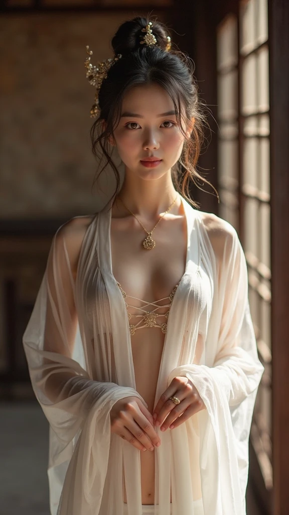 Highest quality, highest image quality, raw photos, realistic, photo-realistic, ultra-detailed and beautiful, Highest detailed, 1young girl, good-looking, beautiful fair skin and glossy, beautiful Eyes are big and bright, Small mouth and thin lips, Good style and slender, (beautiful big breasts:1.3), bangs, (A fantasy See-through costume with cute details and an open chest wide:1.3)