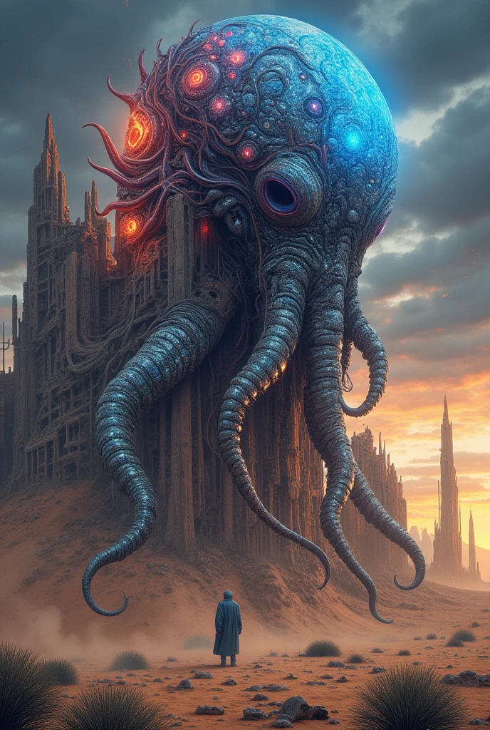 Devastated downtown, apocalypse, Biomorphic evil creatures attacking, cosmic horror, dramatic clouds, obscure sky, horror art, uhd, digital art, illustration by Dan Seagrave, artstation, uhd, unreal engine, line art drawing style.