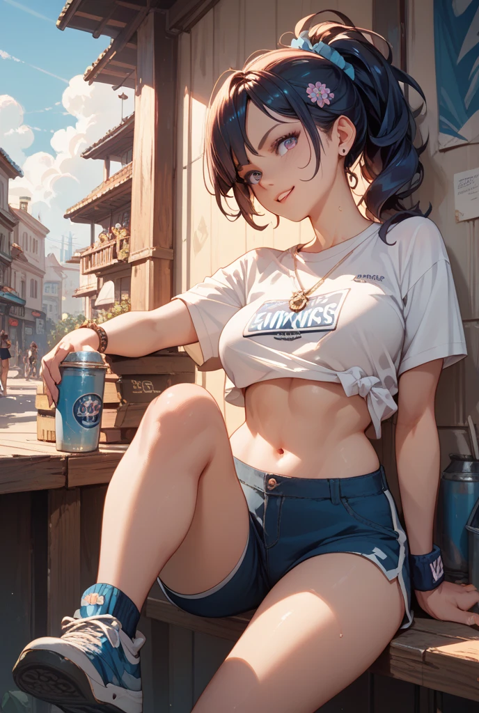 Eating wieners in a German bar、Brown-haired girl wearing a cape drinking beer from a mug Wearing sneakers High leg shorts with suspenders Large Breasts Showing her belly button Ultra low rise Knee-high socks I can see your pants Belt on chest