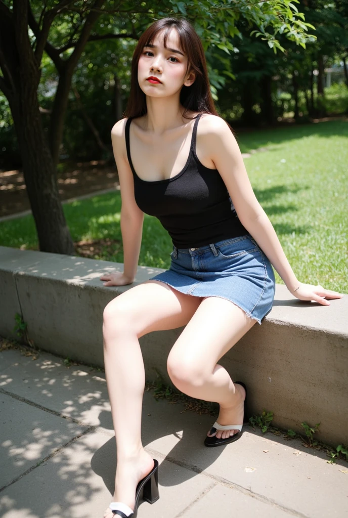 detailed_background, realistic, 1girl, looking at the viewer, siting on the stairs, nighttime, eyeglasses, blushes, bob_cut, bangs, white short sleeve blouse, cleavage, big_boobs, small waist, denim mini skirt, bare legs, thighs, thicc_thighs, highheels, side view, view from below,