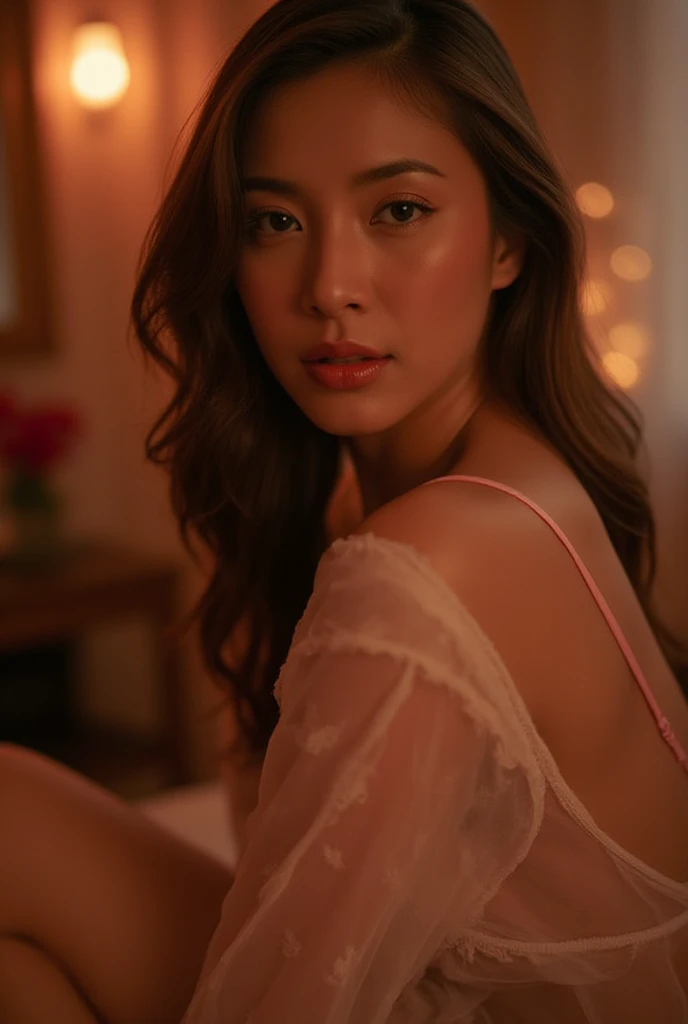 The malay girl (17yearsold), curvacious, tied hair, huge breasted, wearing sleeveless knee-lenght nightgown. sitting at the dressing table. The luxurious bedroom is decorated with red roses and a mosquito net with the night light as a background detail. Look at the viewer, natural light, realistic photography, wide angle shot from side.