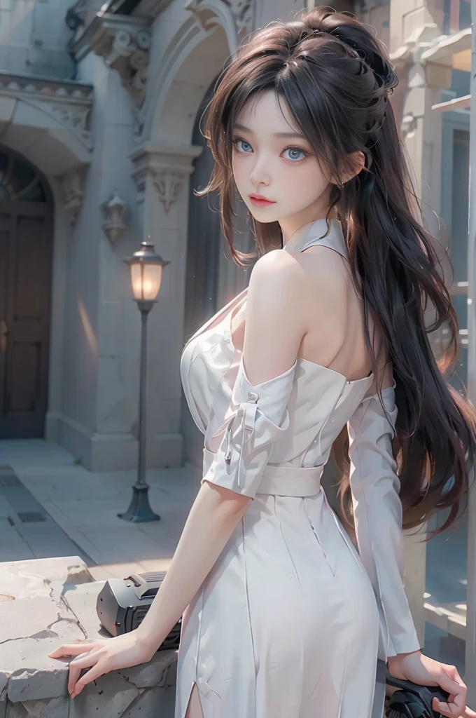 ((Girl standing on balcony of old castle))、((Rear view)),((look back))、Fluorescent color、1 girl、Looking to the side、Beautiful face、Beautiful eyes、（Off the shoulder：1.2）、Upper Body、Shiny Hair、Glowing Skin、 Reduce glare、The proportions of the fingers have been adjusted、Escrow、Pov、Dynamic Angle、(((Master part)))、(((highest quality)))、(((Super-detailed))) detailed）、（An illustration）、（Detailed light）、（Very delicate and beautiful）、Dramatic_Shadow、Ray_Tracking、reflection、 Ultra-high resolution、((A girl with colorful hair and mesh in her black hair))、 Her hair flutters in the wind、(Large deep blue eyes)、Black Haired Woman、 Sparkling Butterfly、Black-haired woman、Points of light around the woman、Magical Aura、Green dot、Aura Sobre Natural、超Magical AuraBlack-haired woman,((White off-the-shoulder semi-transparent white dress:1.3))、(No sleeve)、((My skirt is flying up in the wind)),((An old European castle is hazy in the distance)),((White panties are visible)),((One hand holds a wine glass)),