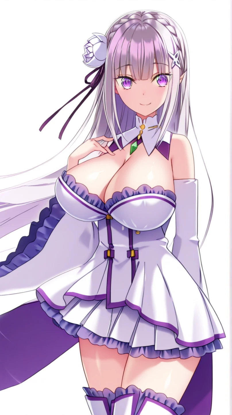 masterpiece, best quality, very aesthetic, absurdres, 1girl, mature_lady, ,emilia_(re:zero), re:zero_kara_hajimeru_isekai_seikatsu, 1girl, elf, pointy_ears, white_hair, long_hair, purple_eyes, hair_flower, hair_ornament, hair_ribbon, purple_ribbon,,bare_shoulders, midriff, purple_crop_top, earrings, Fishnet elbow pads, jewelry, purple_skirt, Fishnet stockings,in a library,floating_hair,covered_pussy