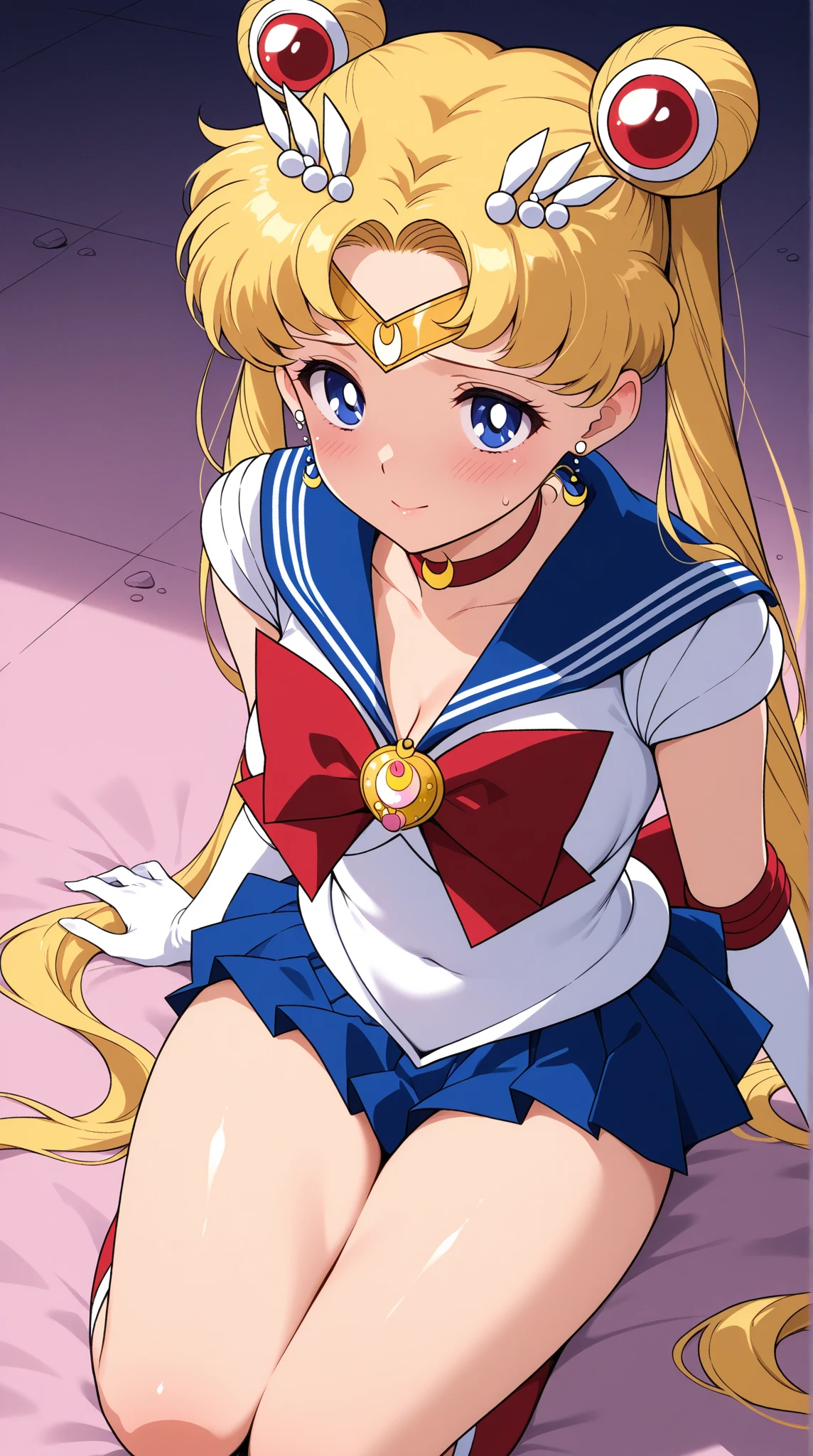 masterpiece, best quality, (1 person), (super sailor moon), (detailed face), face focus, white wall, (on bed), bright room, embarrassed expression, white gloves, detailed eyes, detailed face, love hotel room, detailed background, multicolored clothes, sailor warrior uniform, colorful skirt, hair accessory, red bow, brooch, heart brooch, earrings, crescent moon, heart choker, heart, mini skirt, very long hair, back bow, crescent moon earrings, tiara, yellow choker, boots, knee boots, red footwear, (large upturned skirt), shorts visible, upskirt, (detailed panties), large visible panties, sitting on bed, (white panties: 1.5), (fully exposed panties: 1.5), (squat: 1.5), Sailor Moon R, Super Sailor Moon, (panty shots), (upskirt)