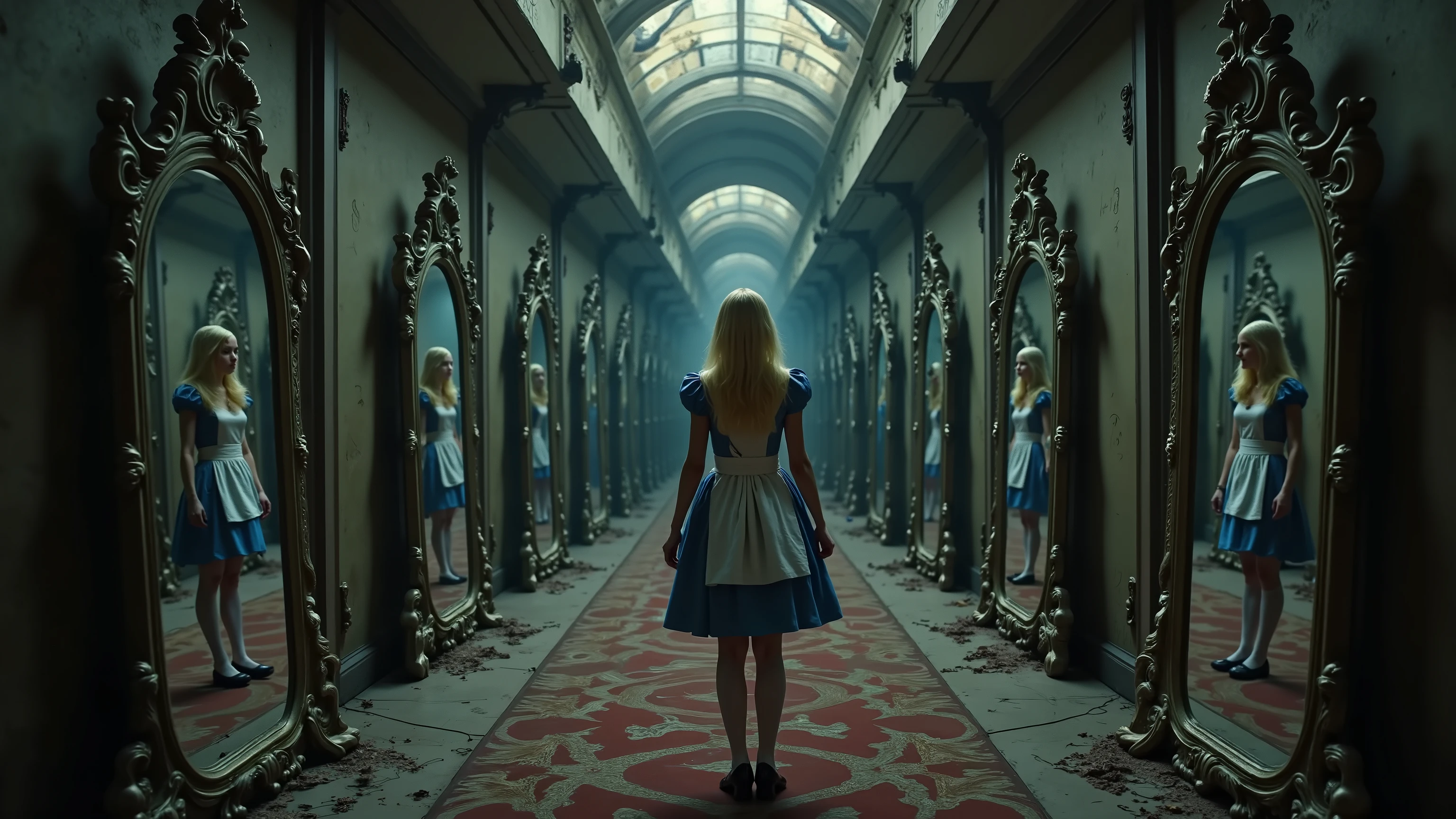 The Twisted Corridor of Reflections: The image transitions to show Kayla1 as Alice standing within the VR world at the beginning of a bizarre corridor. This corridor is lined with ornate mirrors that severely distort her image as she looks into them. The environment itself should hint at decay and possess a surreal, fantastical quality, immediately suggesting a descent into a disturbed psychological space. The scene should use a dark color palette with subtle, unsettling textures, employing perspective to emphasize the twisted and unsettling nature of the corridor. This is the "rabbit hole as a descent into one's psyche" motif made visual.