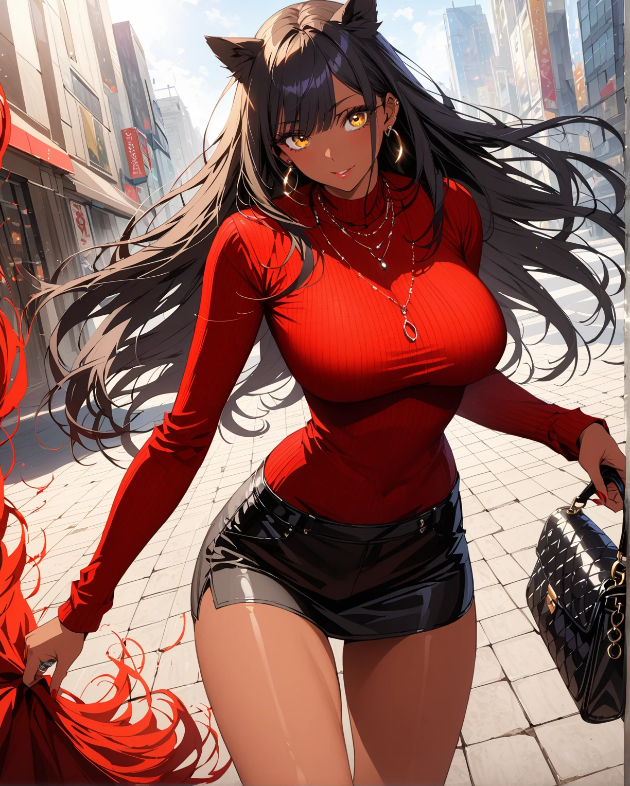 Best quality, high detailed, 8K quality, 4k resolution, stunning japanese girl, whort hair, necklace and piercing, gorgeous face, huge breast, curvy body, wearing Erotic Elegant Maxi Dress: With a cropped jacket and wedge sandals, playful expression, pose with both hands, random hairstyle