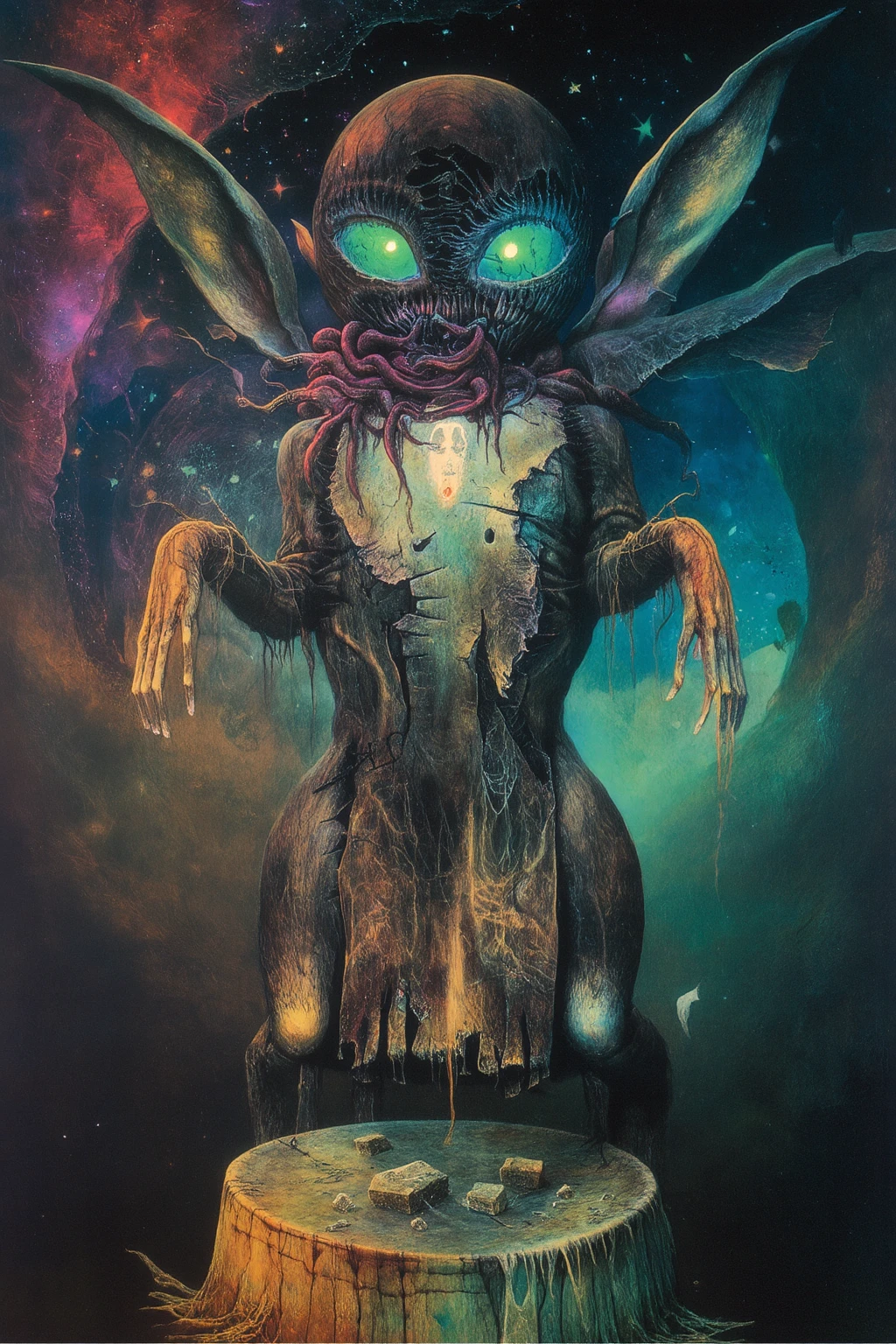 magazine cover POSTER ART, Explore the Lovecraftian horror genre with an illustration of Body that conveys the otherworldly and cosmic dread often associated with the works of H.P. Lovecraft. text, logos, modern art, pop art