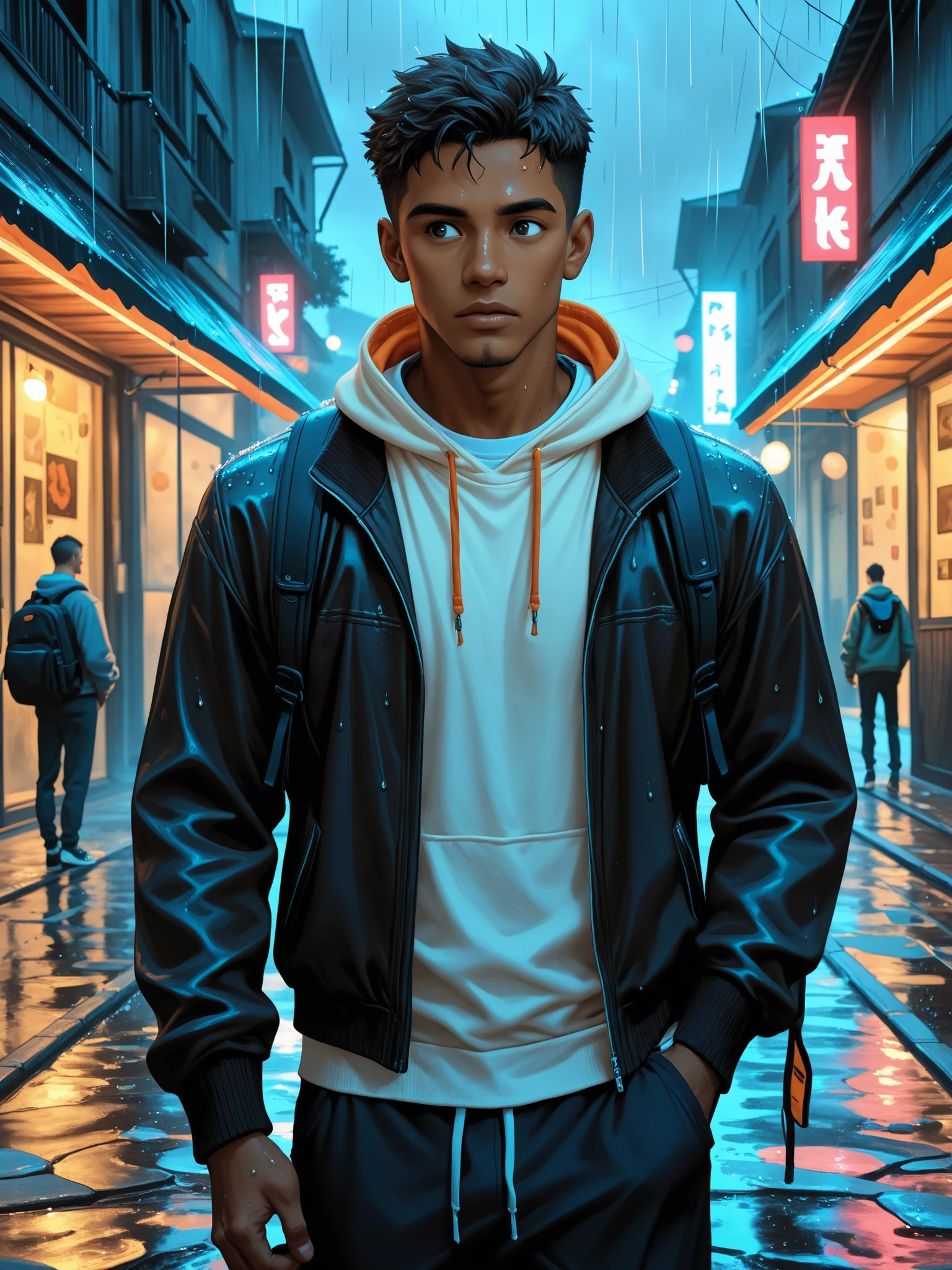 1boy, jacket, rain, outdoor, sweatshirt, open jacket, chain, backpack, looking at other, hair split in middle, tanned skin, boy gender, boy focus, trend in artstation, 8k resolution, highly detailed, anatomically correct, sharp image, digital painting, concept art, trend in pixiv, Makoto Shinkai style,