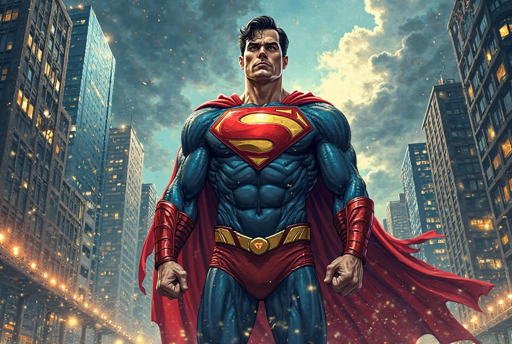8k UHD, Photo by Nikon camera, masterpiece, (<lora:attire_superman:0.8> Superman, supermansuit, blue bodysuit, cape), (male), (man), watching viewer, 8k unreal engine render, cyberpunk, tech armor, glowing armor, neon armor, power armor, mechanical parts, tech parts, cyborg, robot, technological city full of neons, cyberpunk city, neon city, glow, action shot, detailed eyes, very vivid lighting, detailed, (vibrant, photo realistic, realistic, dramatic, dark, sharp focus), <lora:Cyberpunk_style:0.75> Cyberpunk Style, <lora:more_details:0.8>, <lora:improve_backgrounds:0.75>