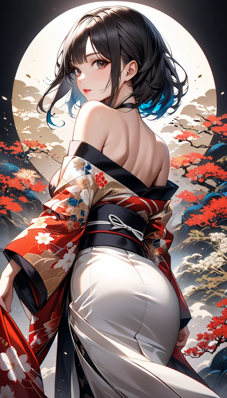 {{{ukiyo-e_style}}},{{flat_style}},{Simple_color},{{{masterpiece}}},{katsushika_hokusai},length_hair,hair_flower,{{black_hair}},red_eye,red_null,{Chinoiserie},{{{Highest_quality}}},kimono,{{Super detailed}},{figure},Maple_leaf_flight,{{One Woman}},{{{alone}}},{{of_Very To_delicate_ofd_beautiful}},blofk_stare,close_To_Audience,{Wind},{flight_splash},{flight_petal},Wind,((large tattoo on the back)){Gorgeous ofd rich graphics}((Undressed kimono))((Big Ass))((She has a big tattoo on her back))((black thong))