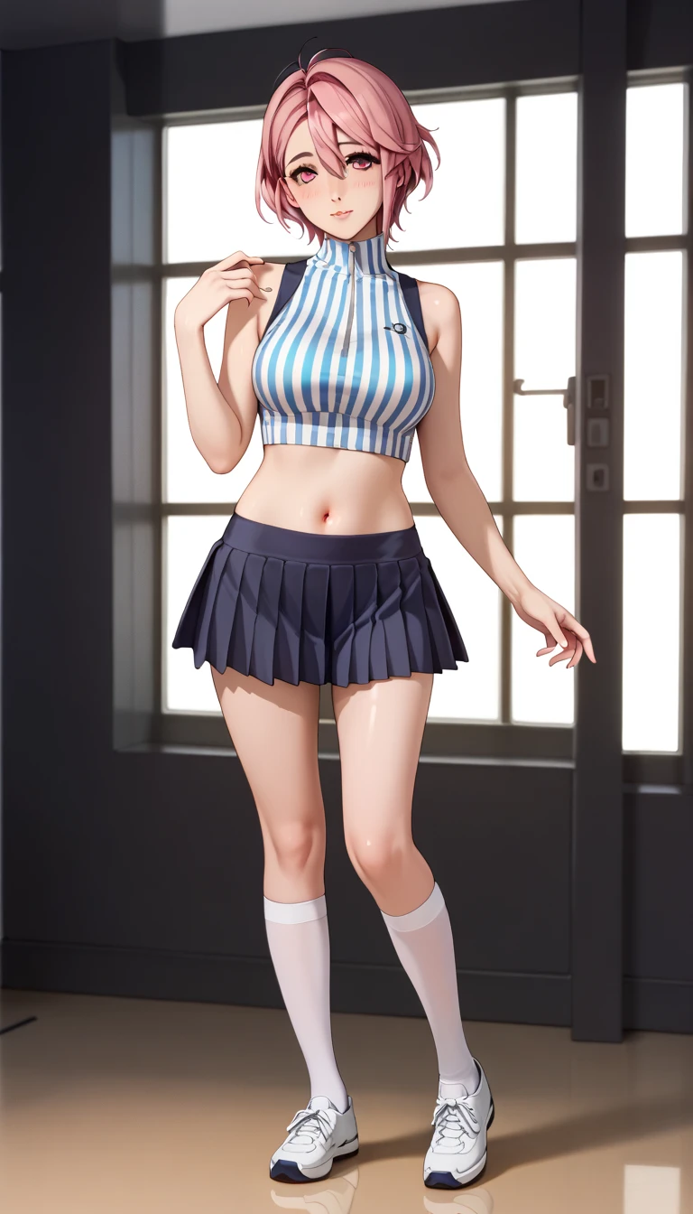 wearing blue bra, wearing black school miniskirt, wearing black sneakers