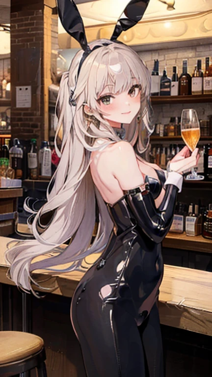 masterpiece, Great quality, Super detailed, figure, Game CG, One girl, alone, (FGO Elais), clavicle, Cleavage, blush, Are standing, Bunny girl, Bunny ears, Detachable collar, Wrist cuff, pantyhose, strapless leotard, At the club, At the bar