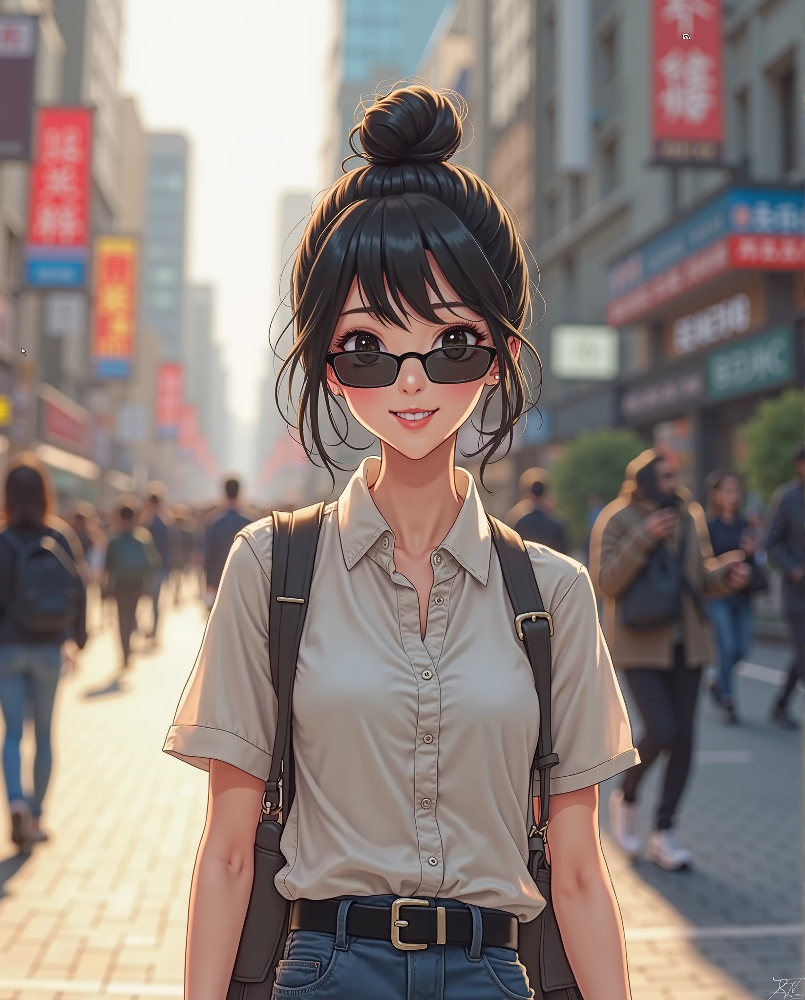 Filipina girl, light brown skin, hair tied up in high ponytail, mischievious smile, (full lips: 1.2), white t-shirt, (black jeans: 1.3), walking along city street, (wearing eyeglasses: 1.4)