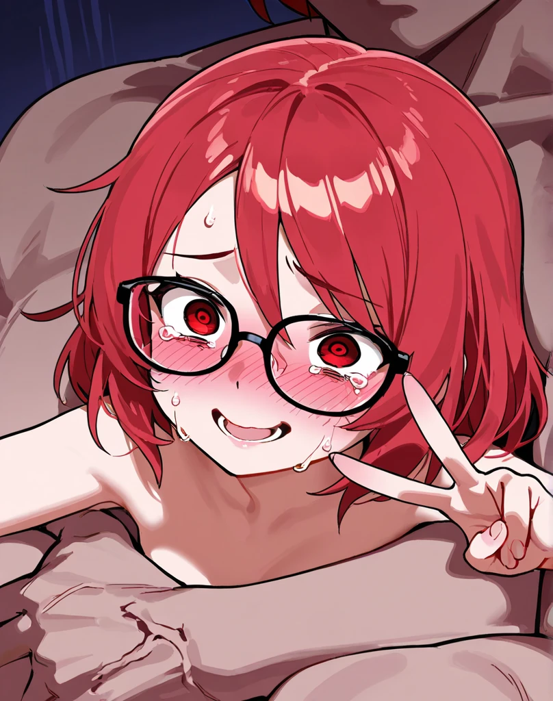 { masterpiece : best quality : high resolution : unity 8k wallpaper : illustration : beautiful detailed eyes : extremely detailed face : perfect lighting : extremely detailed CG } { nsfw : hentai } {half-monochrome} { dark horror theme } { in a dark Otaku messy room } { possessed Futaba Sakura : long hair : glasses : Glowing red eyes : perfectly small shape breast : perfectly fit body : naked : crazy perverted expression ; crazy eyes : grin : sweating : } { masturbating : on the bed : fingering}