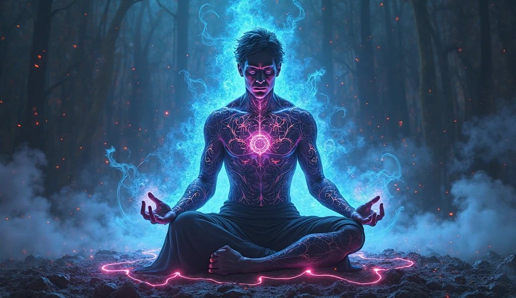 a colorslashh explosion of colors, Too realistic ,liquid,young man sitting in lotus position, complicated things around, complex background, Spirit, divine, dreamlike, cosmic, Mind blowing,  deity, pineal gland, dream like,
