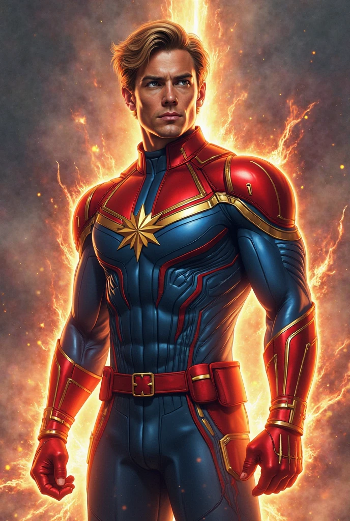 Male super hero, outfit inspired in comics Captain Marvel, Galaxy background, blonde shirt beard, bald head, light power, blue eyes, realistic art, young hero