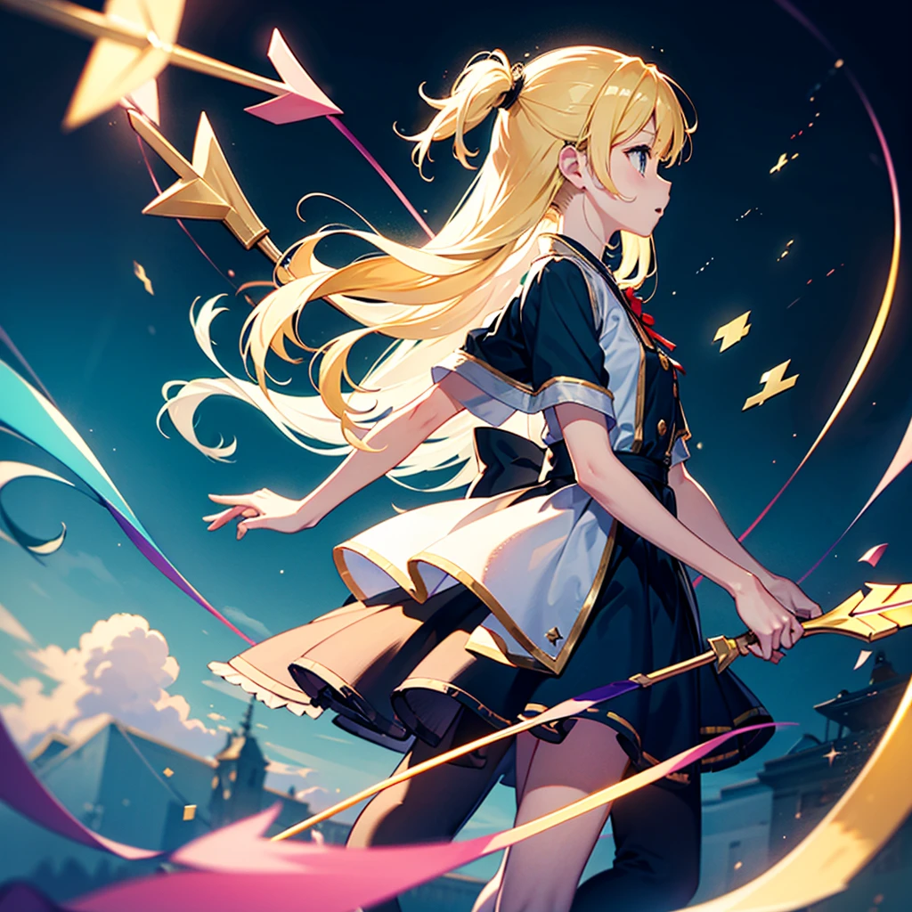 ((ultra realisitic)), ((picture-perfect)), ((face perfect)), ((ultra detaild)), ((fully body)), ((perfectbody)), a blonde girl ((greeneyes)) and long curly hair, in a seifuku uniform holding a shining magical staff, fully body